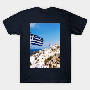 Oia Village Santorini And Greek Flag T-Shirt